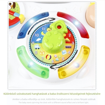 Interaktív tanulóasztal fényekkel és zenével, zsiráf téma, ABS műanyag, elemmel működik, 0–3 éveseknek.