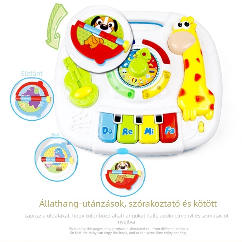 Interaktív tanulóasztal fényekkel és zenével, zsiráf téma, ABS műanyag, elemmel működik, 0–3 éveseknek.