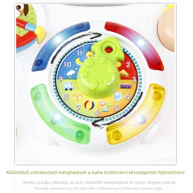 Interaktív tanulóasztal fényekkel és zenével, zsiráf téma, ABS műanyag, elemmel működik, 0–3 éveseknek.