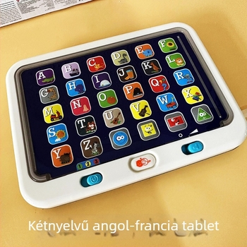 Gyerekeknek szánt tanulótabletta olvasással és hallgatással, kétnyelvű, elektromos játék fényvillanásokkal és érintésre reagálva, műanyag tokozás, modell E48565, 4–6 éveseknek