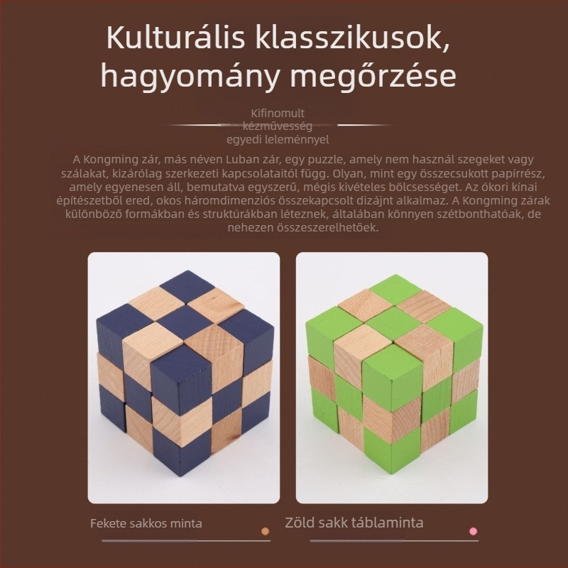 Fából készült Kongming-Lok / Luban-Lock puzzle — Sárkányfarok forgás, Kilenc összekapcsolt gyűrű, Mortise and Tenon, Magas nehézség