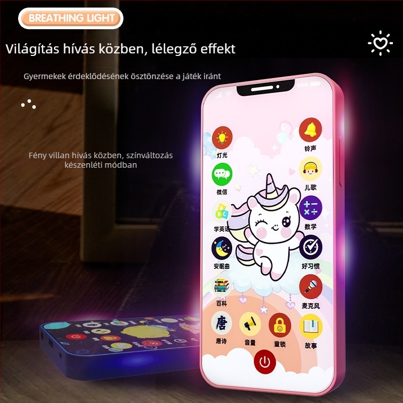 Oktatási elektronikus érintőképernyős telefonjáték gyerekeknek, zene és mesék funkcióval, műanyag kivitel, 4–6 éveseknek.