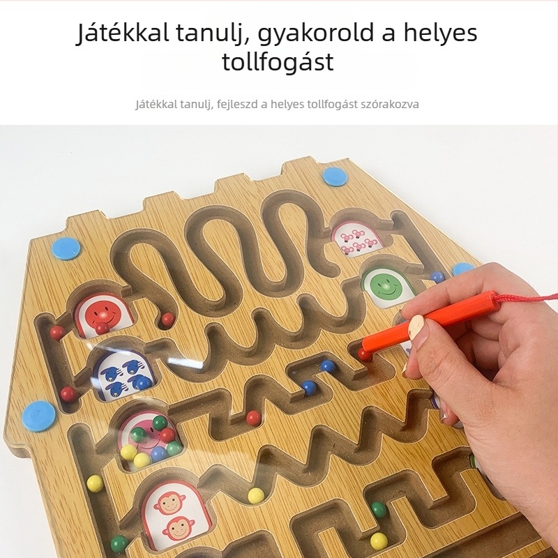 Fából készült mágneses labirintus játék gyöngyökkel – szülő-gyermek interakció, oktatási célú 0–3 éves csecsemőknek, testreszabás elérhető