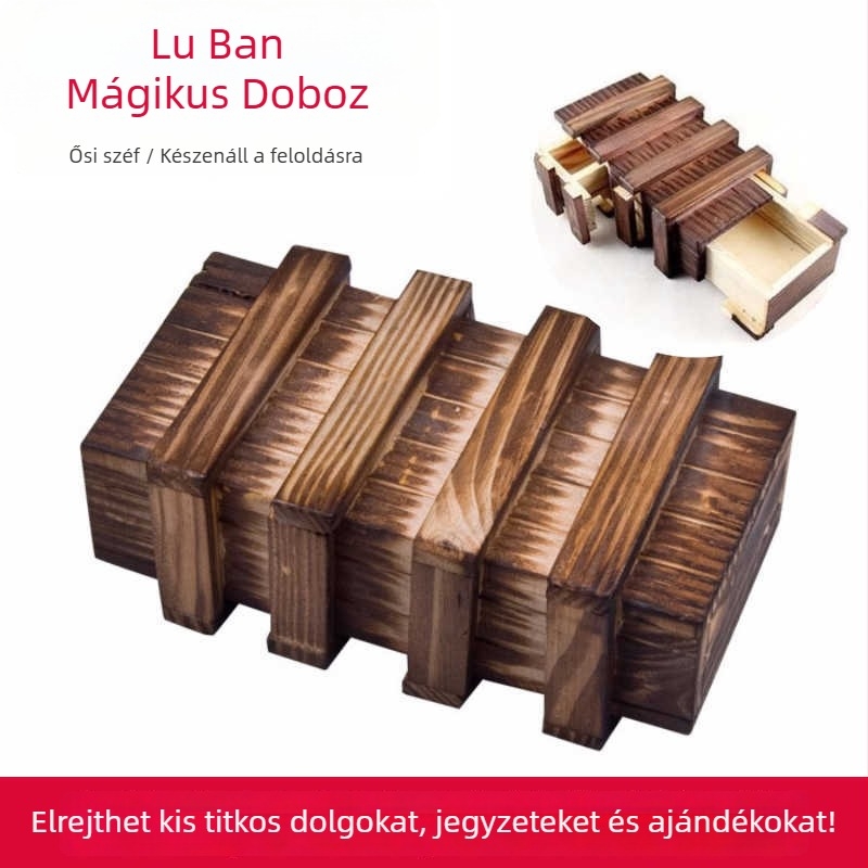 Háromnyílású fából készült Kongming/Luban záras rejtvénydoboz – kézügyesség fejlesztése, blisteres csomagolás, Zhejiang eredetű