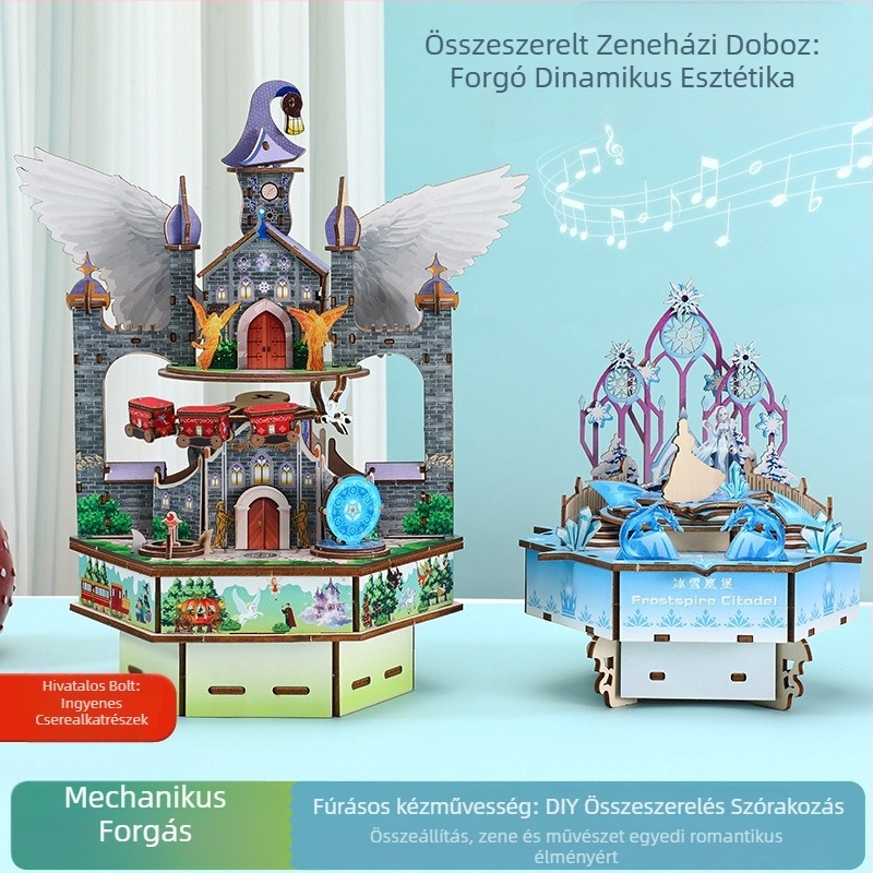 Fából készült zenemű doboz, 3D puzzle, DIY kézzel készített, klasszikus stílus, gravírozás és UV-nyomtatás
