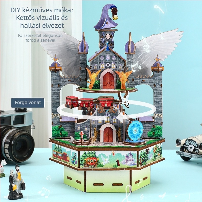 Fából készült zenemű doboz, 3D puzzle, DIY kézzel készített, klasszikus stílus, gravírozás és UV-nyomtatás