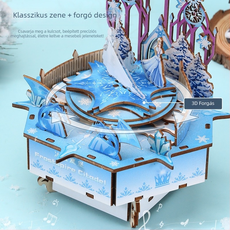 Fából készült zenemű doboz, 3D puzzle, DIY kézzel készített, klasszikus stílus, gravírozás és UV-nyomtatás