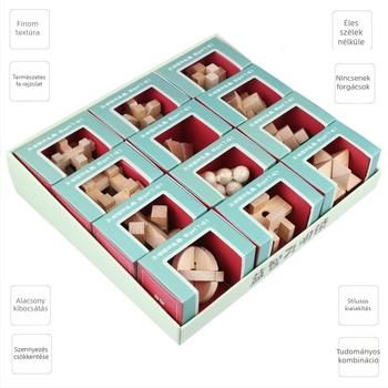 Kongming Lock – Bükkfából készült puzzle az agy edzésére, 12 darabos készlet, 7–14 éveseknek