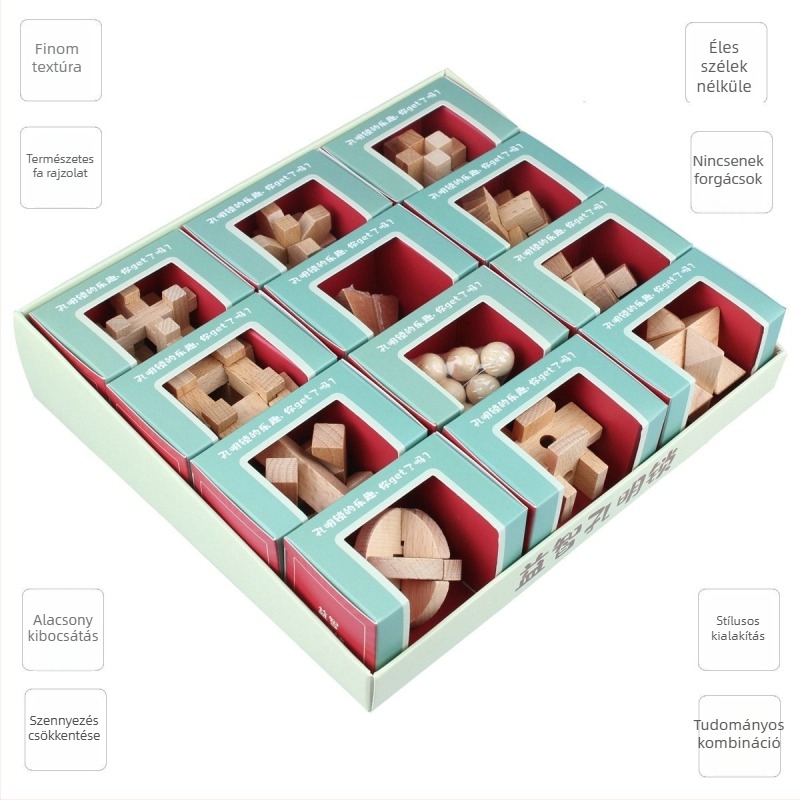 Kongming Lock – Bükkfából készült puzzle az agy edzésére, 12 darabos készlet, 7–14 éveseknek