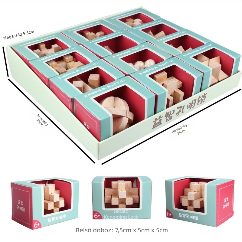 Kongming Lock – Bükkfából készült puzzle az agy edzésére, 12 darabos készlet, 7–14 éveseknek
