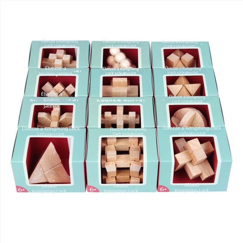 Kongming Lock – Bükkfából készült puzzle az agy edzésére, 12 darabos készlet, 7–14 éveseknek