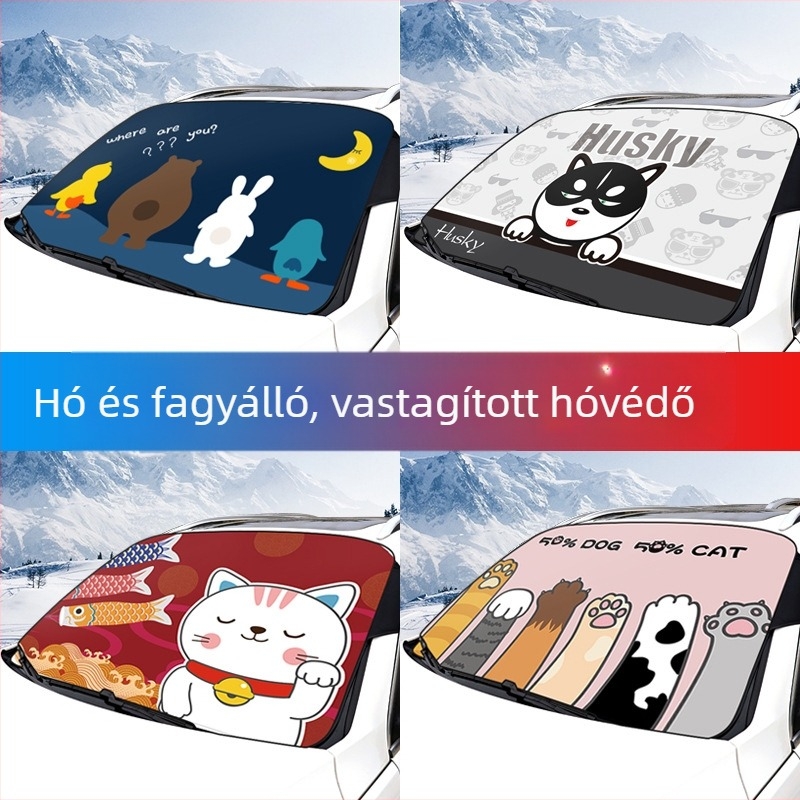 Autó első szélvédő takaró, téli karikatúra mintával, univerzális illeszkedés, logónyomtatás, első szélvédő védő, súly 0,4 kg, karikatúra animációs dizájn
