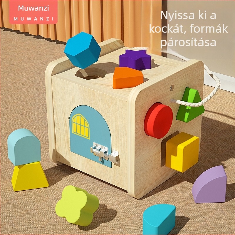 Fából készült gyermekek számára oktatási kocka — sokoldalú geometriai formák párosítására szolgáló doboz óvodásoknak