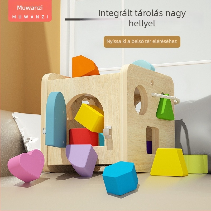 Fából készült gyermekek számára oktatási kocka — sokoldalú geometriai formák párosítására szolgáló doboz óvodásoknak