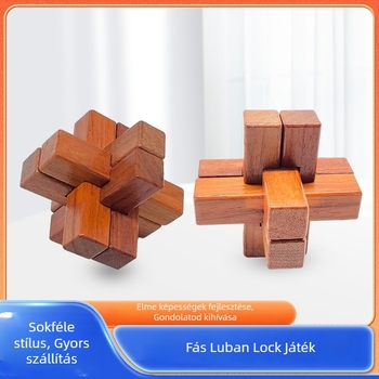 Kongming Lock / Luban Lock fa puzzle – interaktív, anyag: Redwood, testreszabható feldolgozás, 7–14 éveseknek