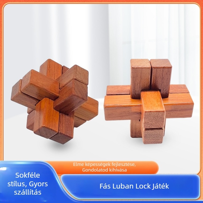 Kongming Lock / Luban Lock fa puzzle – interaktív, anyag: Redwood, testreszabható feldolgozás, 7–14 éveseknek