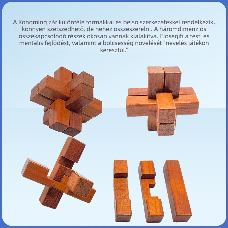 Kongming Lock / Luban Lock fa puzzle – interaktív, anyag: Redwood, testreszabható feldolgozás, 7–14 éveseknek