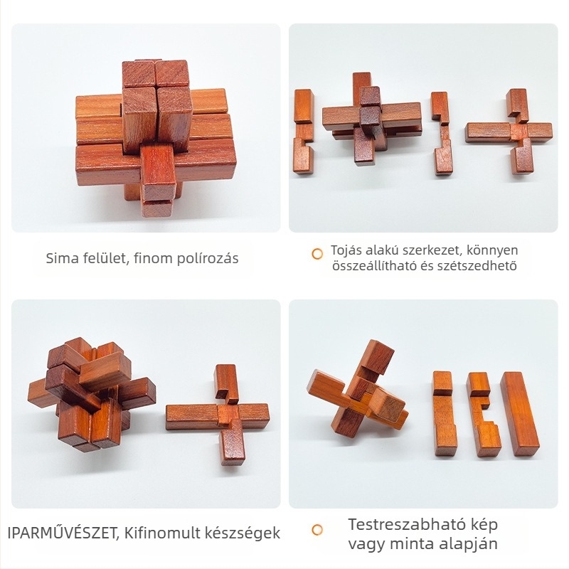 Kongming Lock / Luban Lock fa puzzle – interaktív, anyag: Redwood, testreszabható feldolgozás, 7–14 éveseknek
