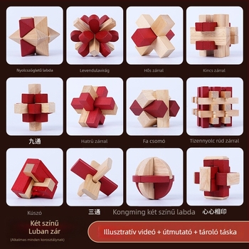 Fából készült Kong Ming / Lu Ban lock logikai puzzle gyerekeknek 7–14 éveseknek; anyag: fa; funkció: gyűrű feloldása; kategória: Kong Ming lock / Lu Ban lock; csomagolás: színes doboz