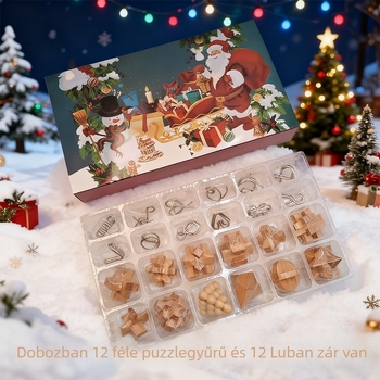 Fából készült Kongming-Luban záras puzzle – 24 darabos készlet, 7–14 éveseknek, testreszabás elérhető