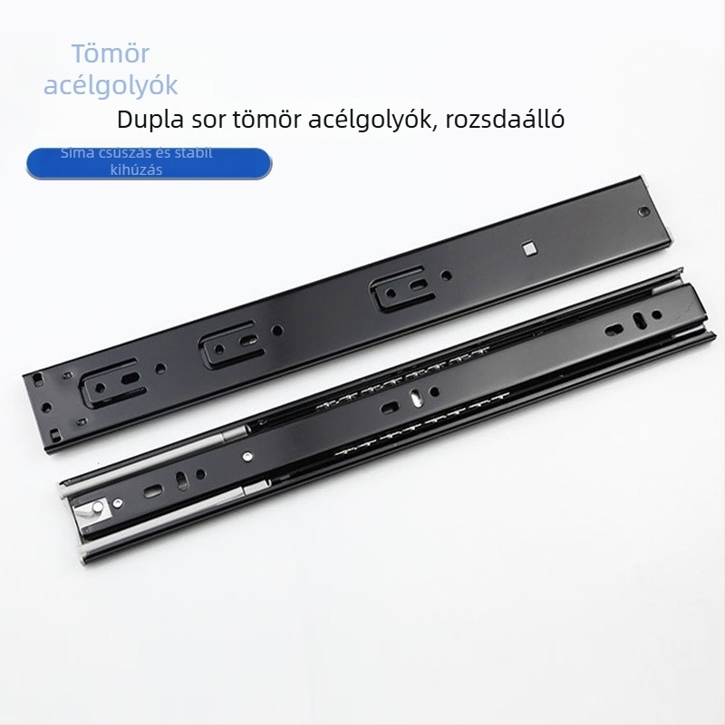 4510 Zajcsillapított háromrészes csúszó sín szekrényajtók és fiókokhoz – TJU-4510, anyag: hidegen hengerelt acél, felületkezelés: elektrolitikus galvanizálás, golyóscsapágyas vezető sín