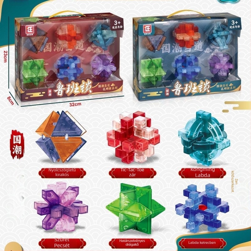 Átlátszó puzzle-zár műanyagból Luban mechanizmussal, 7–14 éveseknek, csomagolás: színes doboz.
