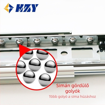 Háromszakaszos csillapított fiókvég vezető acélgolyós bufferrel, teleszkópos sín, HA4523, acél, elektroplating felület, teherbírás 45 kg