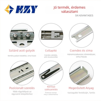 Háromszakaszos csillapított fiókvég vezető acélgolyós bufferrel, teleszkópos sín, HA4523, acél, elektroplating felület, teherbírás 45 kg