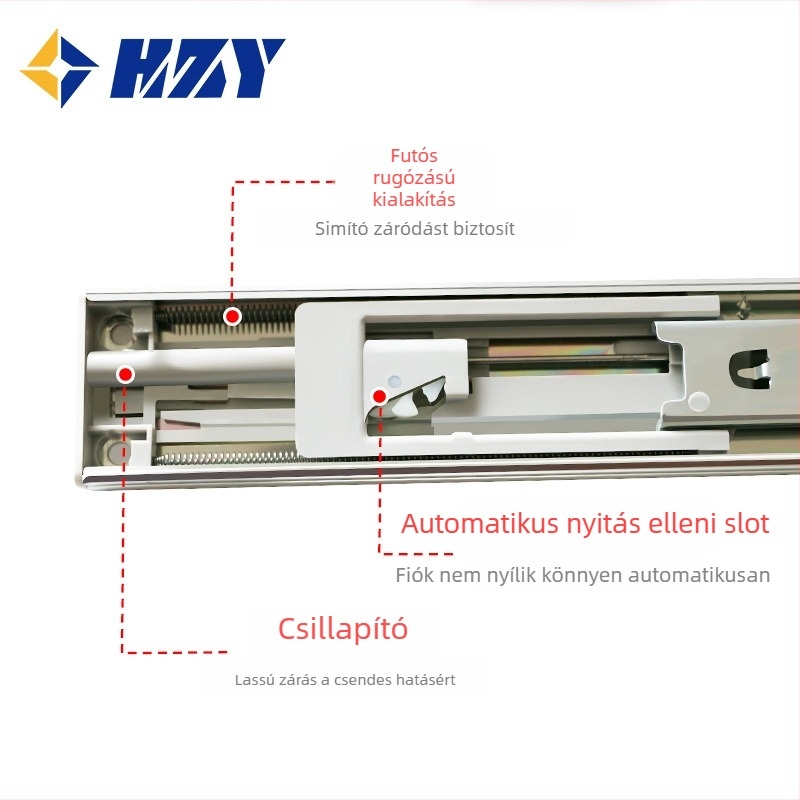 Háromszakaszos csillapított fiókvég vezető acélgolyós bufferrel, teleszkópos sín, HA4523, acél, elektroplating felület, teherbírás 45 kg