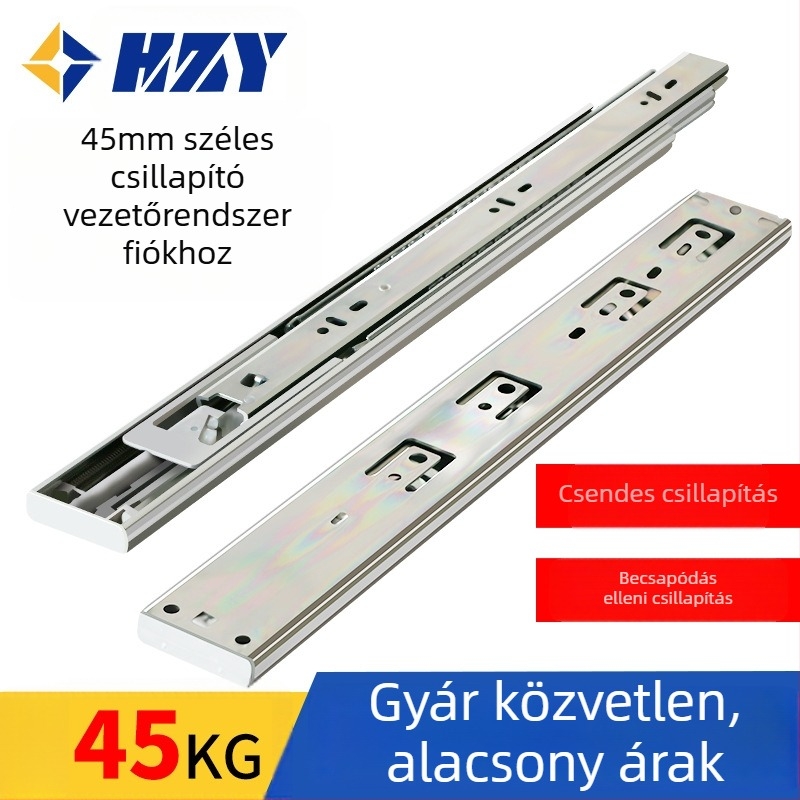 Háromszakaszos csillapított fiókvég vezető acélgolyós bufferrel, teleszkópos sín, HA4523, acél, elektroplating felület, teherbírás 45 kg