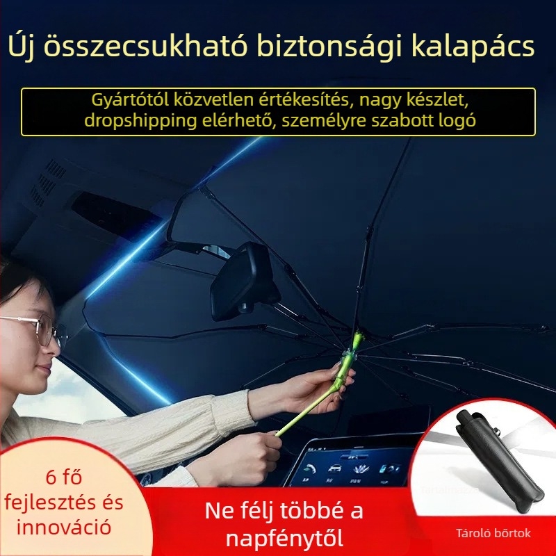 Autó első szélvédőjére készült napvédő, hajtogatható, snap-in rögzítés, univerzális illeszkedés, logó nyomtatás lehetséges.