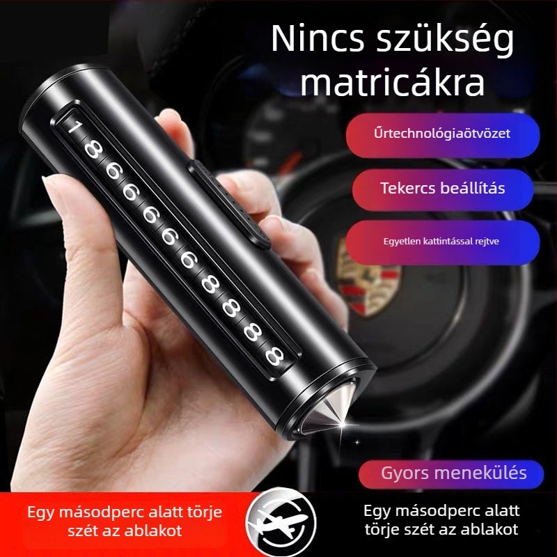 Fém ideiglenes parkolótábla, 3 az 1-ben funkcióval: ablakbetörő és biztonsági kalapács és vágó, telefonszám-tábla