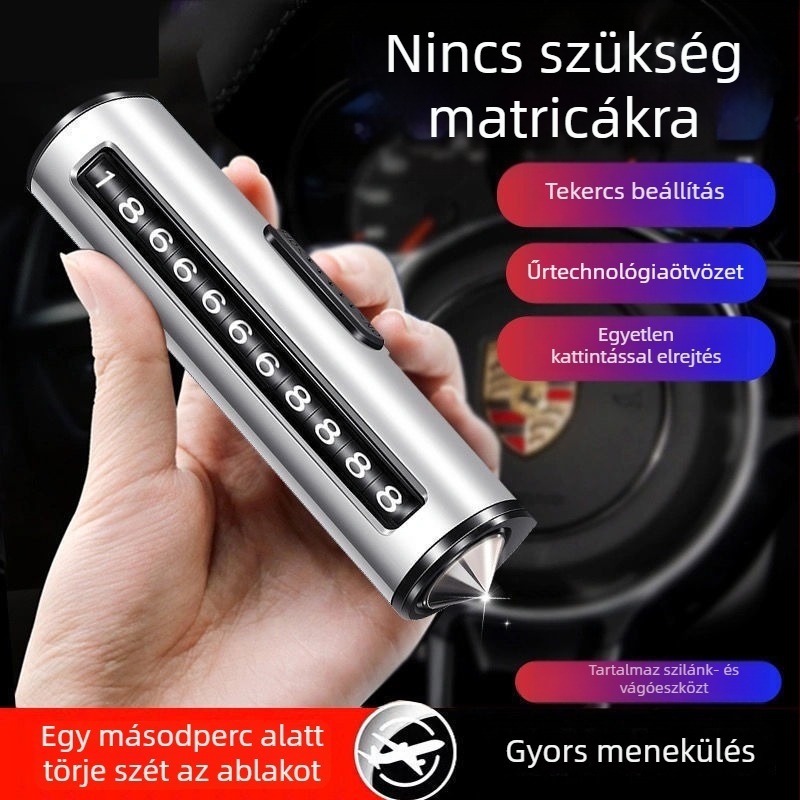 Fém ideiglenes parkolótábla, 3 az 1-ben funkcióval: ablakbetörő és biztonsági kalapács és vágó, telefonszám-tábla