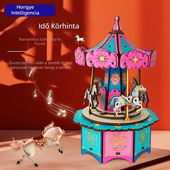 Fából készült DIY mechanikus karusszel zenélő doboz - 3D puzzle, gravírozás és UV nyomtatás, ideális ajándék