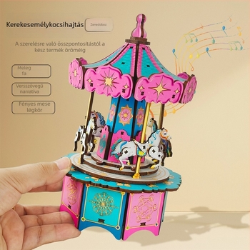 Fából készült DIY mechanikus karusszel zenélő doboz - 3D puzzle, gravírozás és UV nyomtatás, ideális ajándék