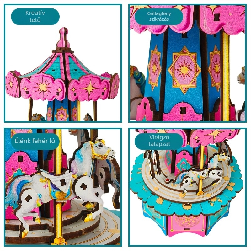 Fából készült DIY mechanikus karusszel zenélő doboz - 3D puzzle, gravírozás és UV nyomtatás, ideális ajándék