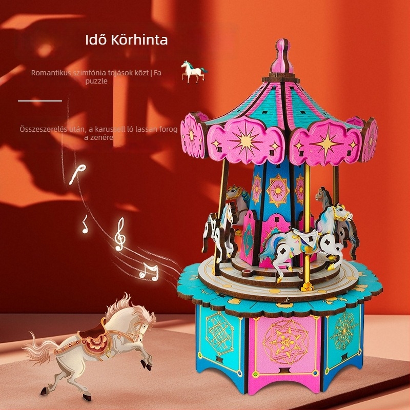 Fából készült DIY mechanikus karusszel zenélő doboz - 3D puzzle, gravírozás és UV nyomtatás, ideális ajándék