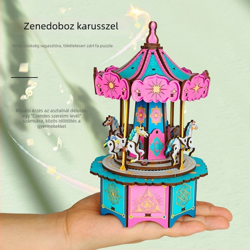Fából készült DIY mechanikus karusszel zenélő doboz - 3D puzzle, gravírozás és UV nyomtatás, ideális ajándék