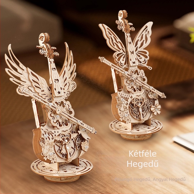 Fából készült cselló zenélő doboz 3D puzzle építőmodell – ajándék a barátnőnek