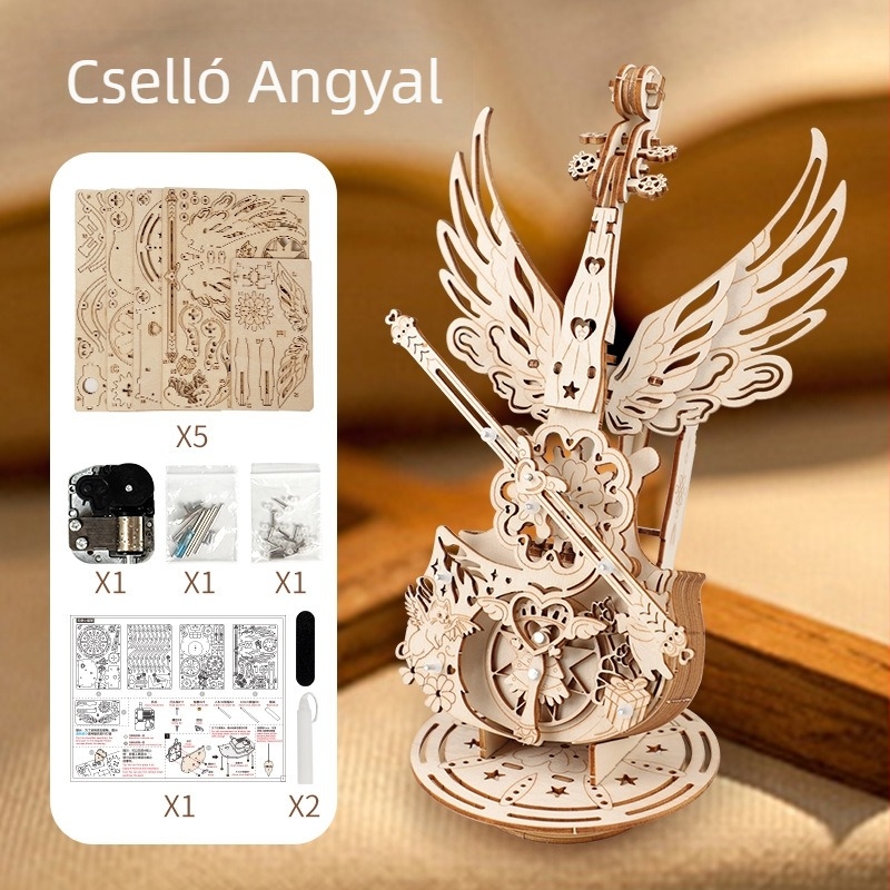 Fából készült cselló zenélő doboz 3D puzzle építőmodell – ajándék a barátnőnek