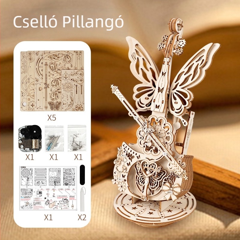 Fából készült cselló zenélő doboz 3D puzzle építőmodell – ajándék a barátnőnek