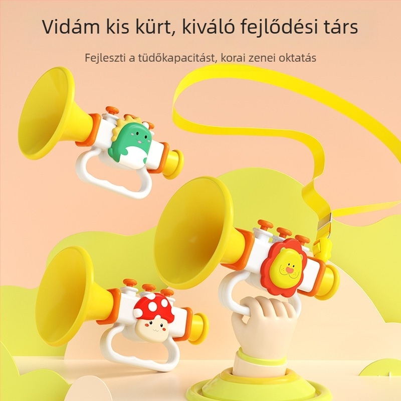 Rajzfilm-stílusú gyerek trombita játék készlet síp- és harmonikával, nyakpánttal, műanyagból, 7–14 éveseknek, elősegíti érzelmi és kognitív fejlődést, szenzoros játék és szülő-gyerek interakció