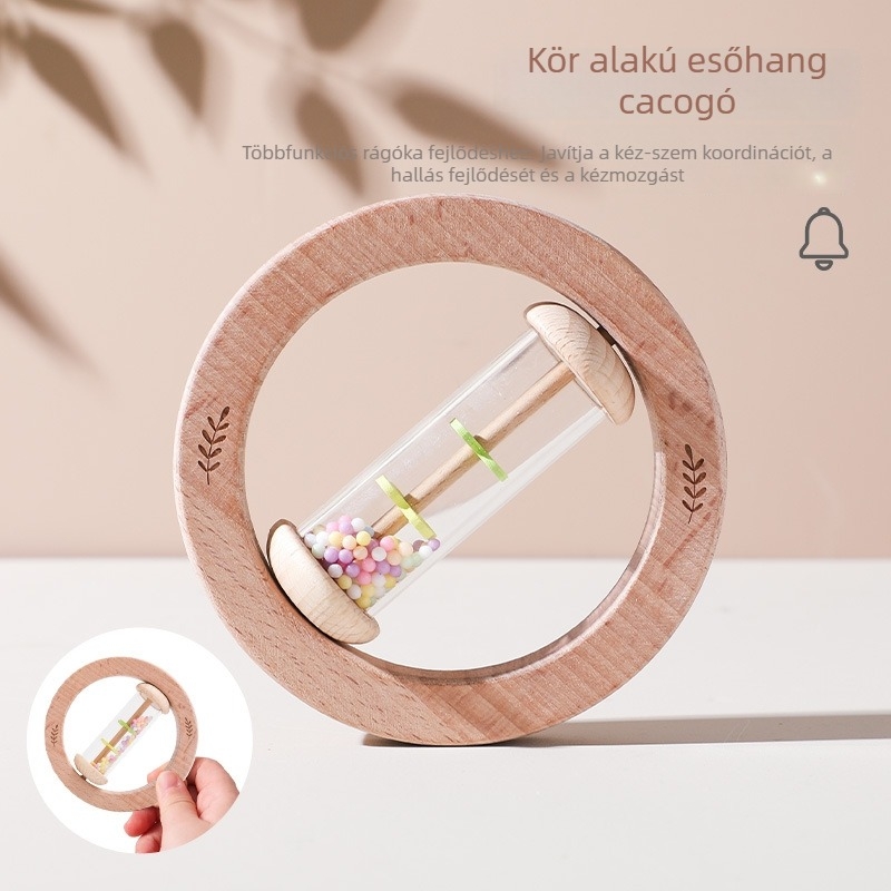 Fából készült csörgő babáknak 0–3 éveseknek, harapófogóval és esőhangot adó csővel