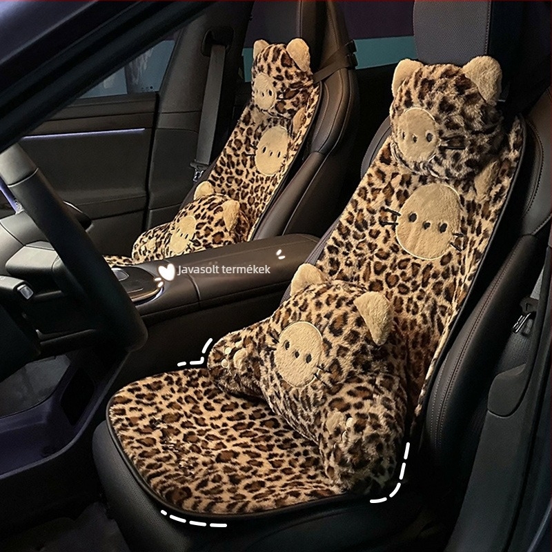 Rajzfilmszerű autóülés-párna, plüss felület, habos töltés, leopard mintás, téli meleg, lapos luxus stílus