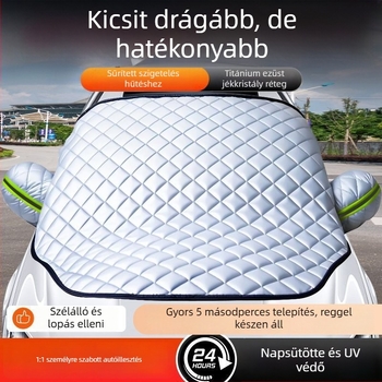 Universális autóvédő takaró alumíniumfóliával, nap- és esővédelmi funkció, hőszigetelés, beépített rögzítés, előrész lefedése