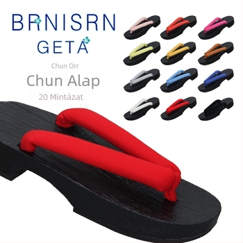 Női japán stílusú flip-flop papucs, pamut felső rész, fa talp, kerek orr, 3–5 cm sarka