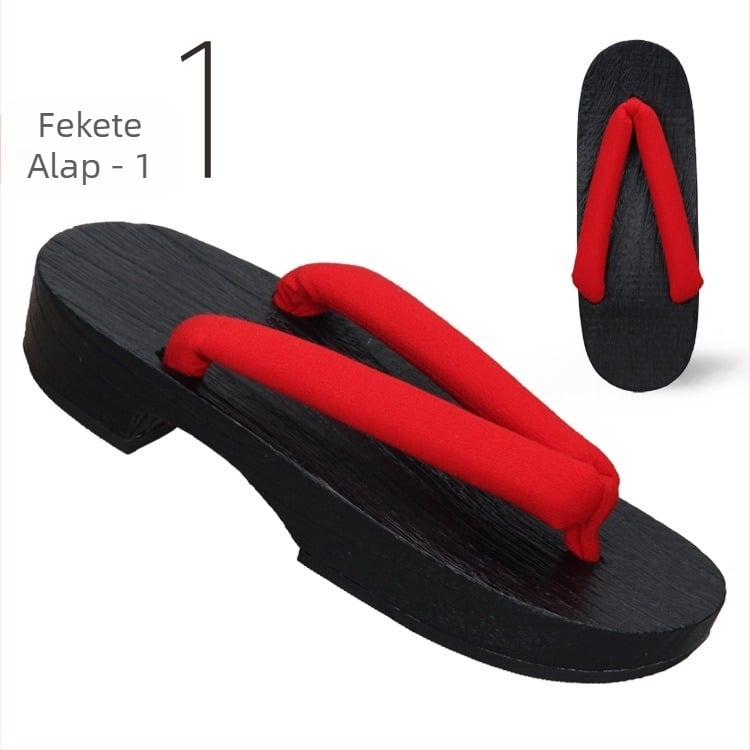 Női japán stílusú flip-flop papucs, pamut felső rész, fa talp, kerek orr, 3–5 cm sarka