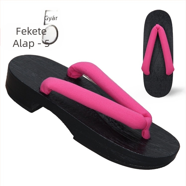 Női japán stílusú flip-flop papucs, pamut felső rész, fa talp, kerek orr, 3–5 cm sarka