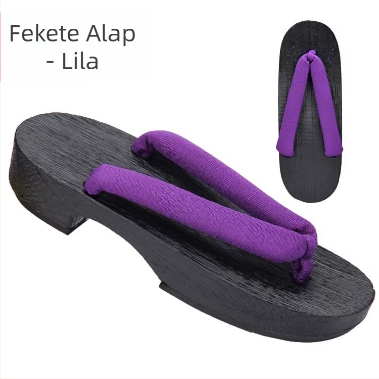 Női japán stílusú flip-flop papucs, pamut felső rész, fa talp, kerek orr, 3–5 cm sarka