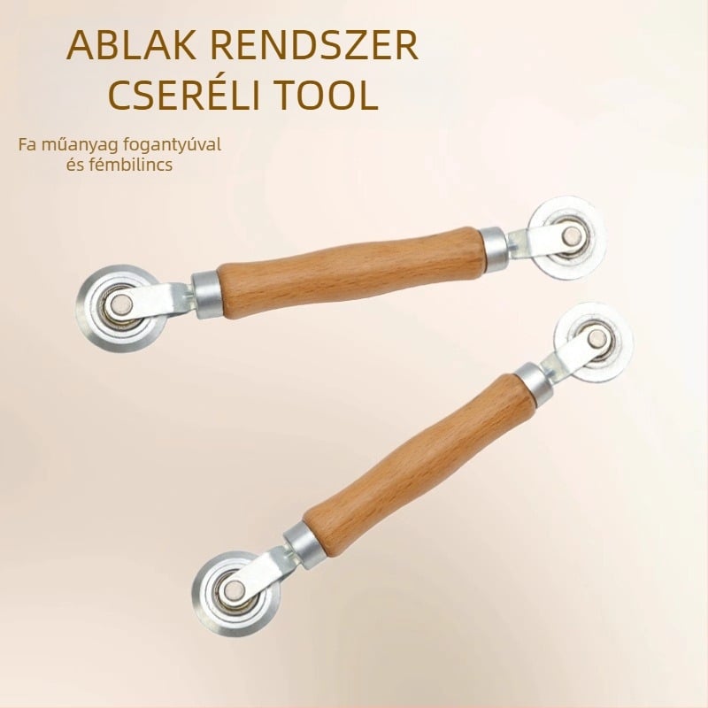 Ablak- és ajtókép­pernyőhöz készült eszköz bükkfa fogantyúval és fémből készült nyomókerékkel